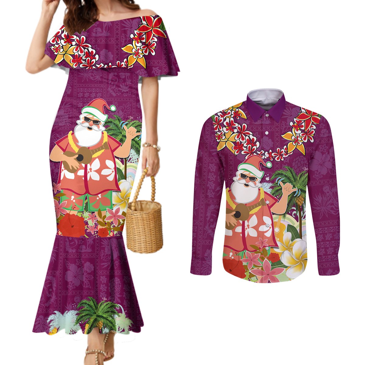 Hawaii Honu Mele Kalikimaka Couples Matching Mermaid Dress and Long Sleeve Button Shirt Santa Tropical Flower Aloha Summer Pink Version LT03 Pink - Polynesian Pride
