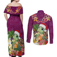 Hawaii Honu Mele Kalikimaka Couples Matching Off Shoulder Maxi Dress and Long Sleeve Button Shirt Santa Tropical Flower Aloha Summer Pink Version LT03 - Polynesian Pride