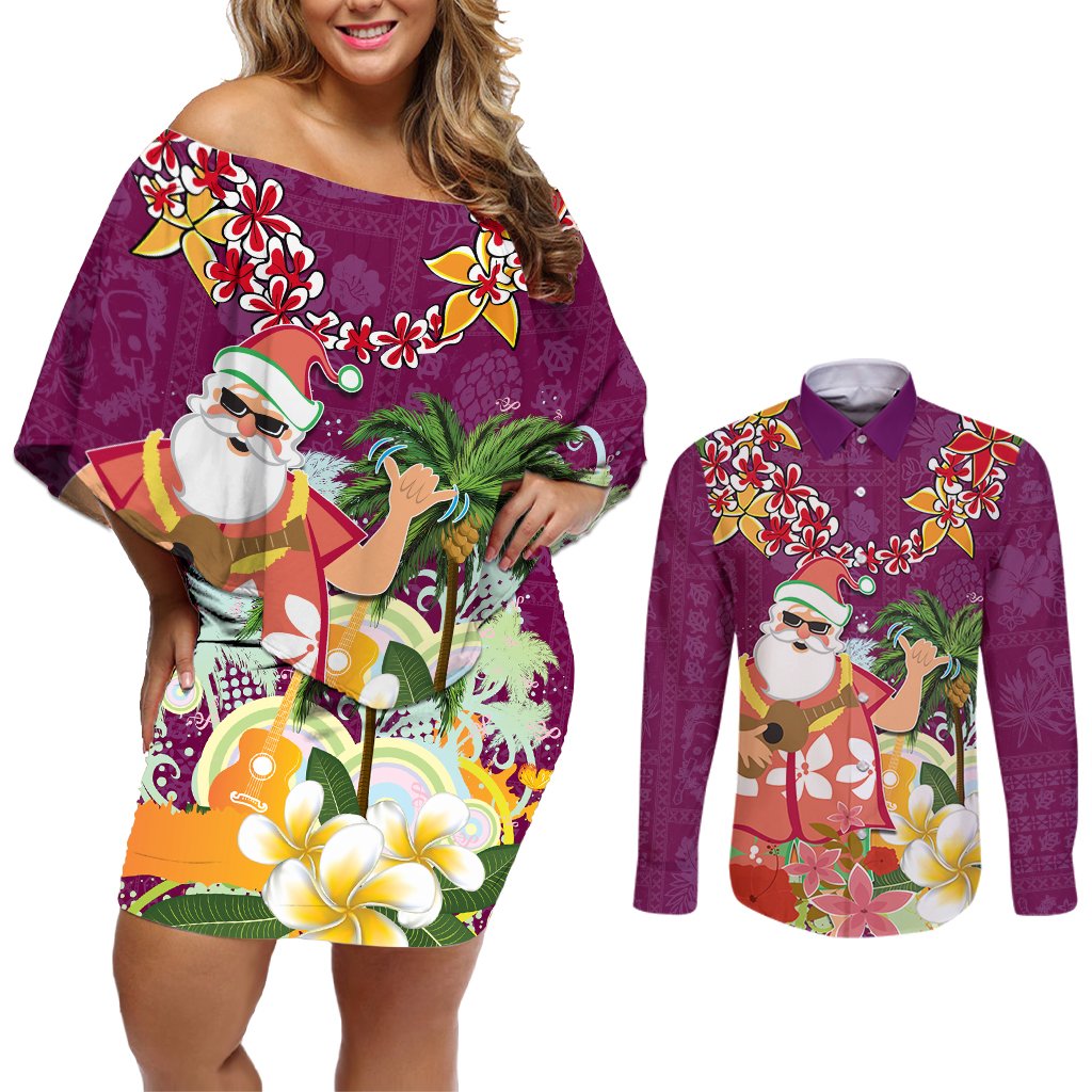 Hawaii Honu Mele Kalikimaka Couples Matching Off Shoulder Short Dress and Long Sleeve Button Shirt Santa Tropical Flower Aloha Summer Pink Version LT03 Pink - Polynesian Pride