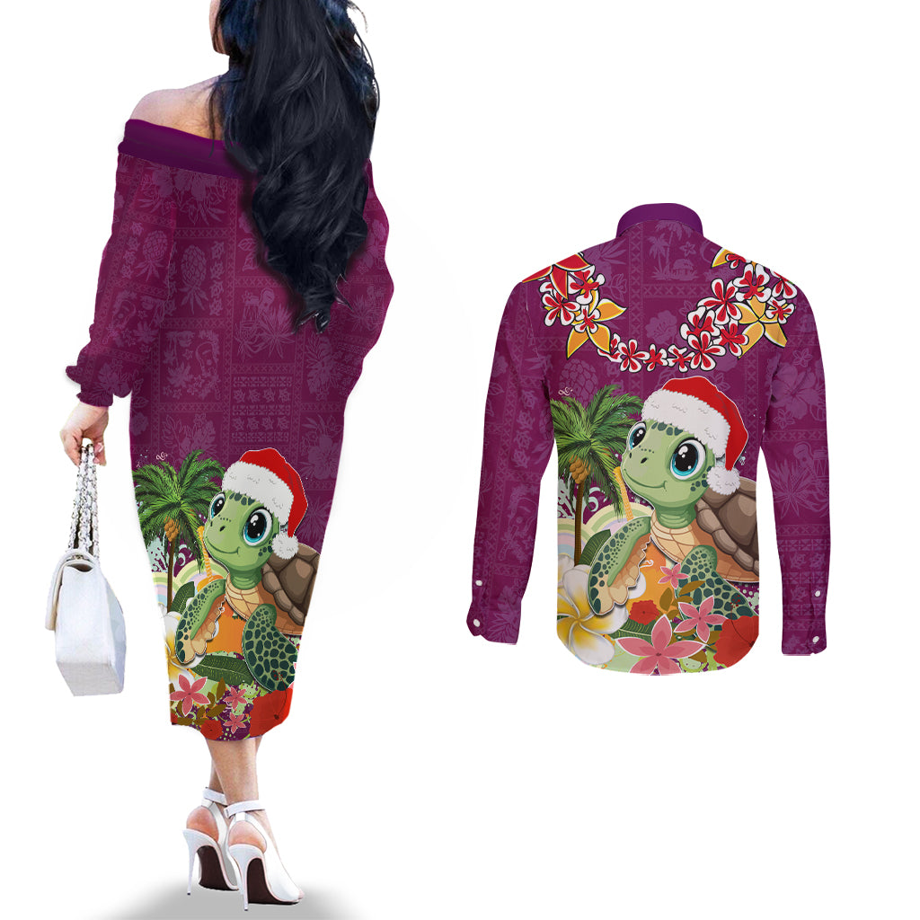 Hawaii Honu Mele Kalikimaka Couples Matching Off The Shoulder Long Sleeve Dress and Long Sleeve Button Shirt Santa Tropical Flower Aloha Summer Pink Version LT03 - Polynesian Pride