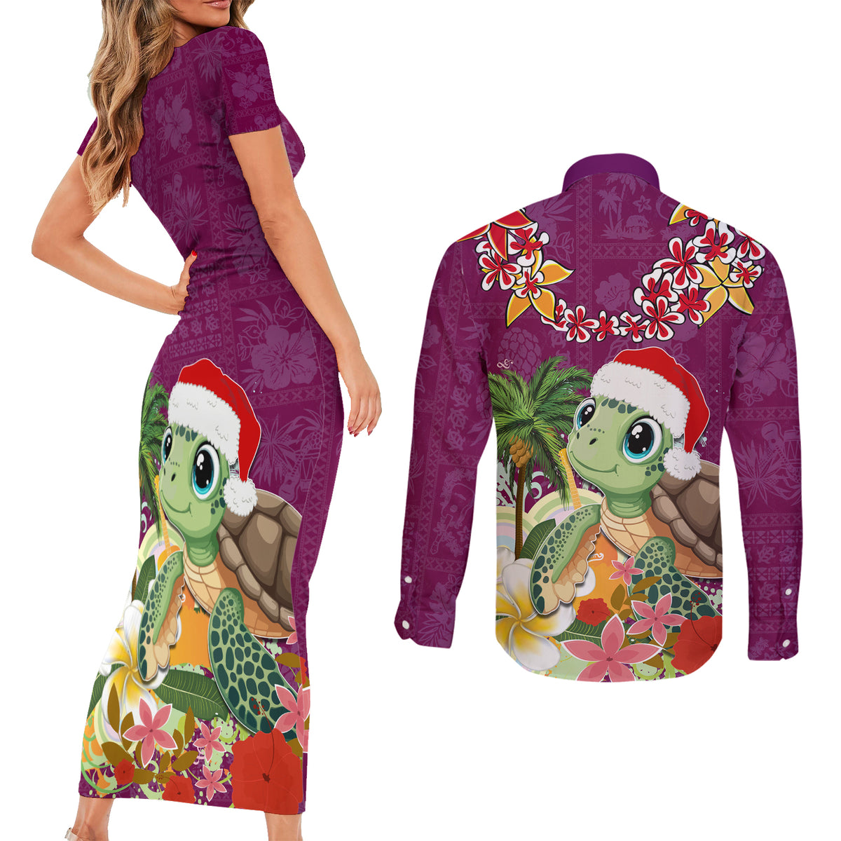 Hawaii Honu Mele Kalikimaka Couples Matching Short Sleeve Bodycon Dress and Long Sleeve Button Shirt Santa Tropical Flower Aloha Summer Pink Version LT03 - Polynesian Pride