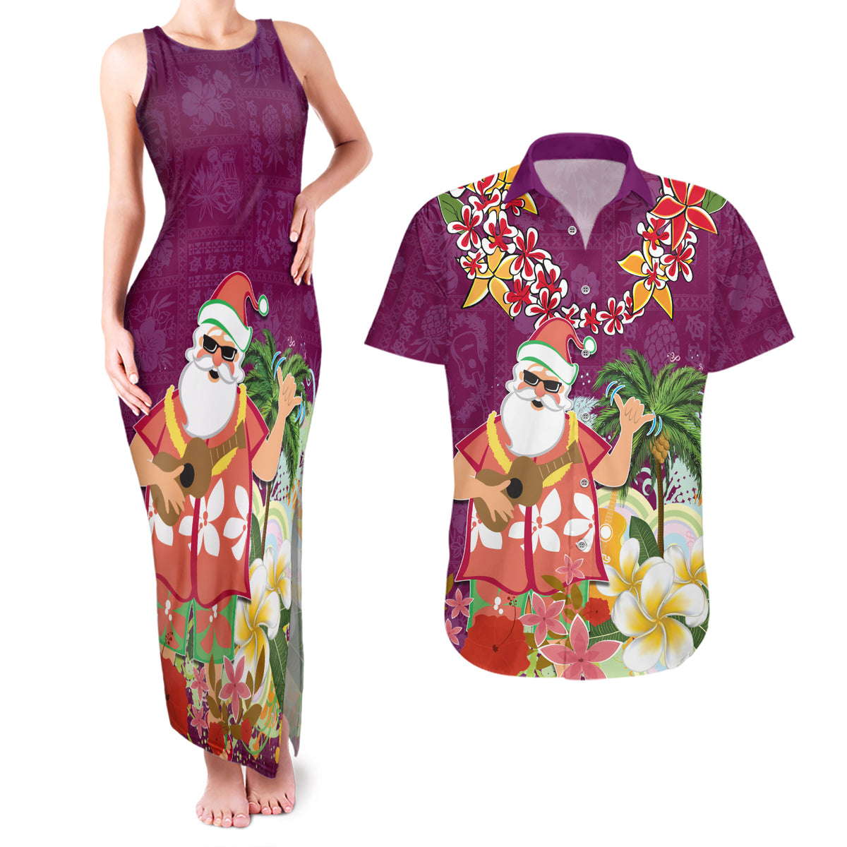 Hawaii Honu Mele Kalikimaka Couples Matching Tank Maxi Dress and Hawaiian Shirt Santa Tropical Flower Aloha Summer Pink Version LT03 Pink - Polynesian Pride