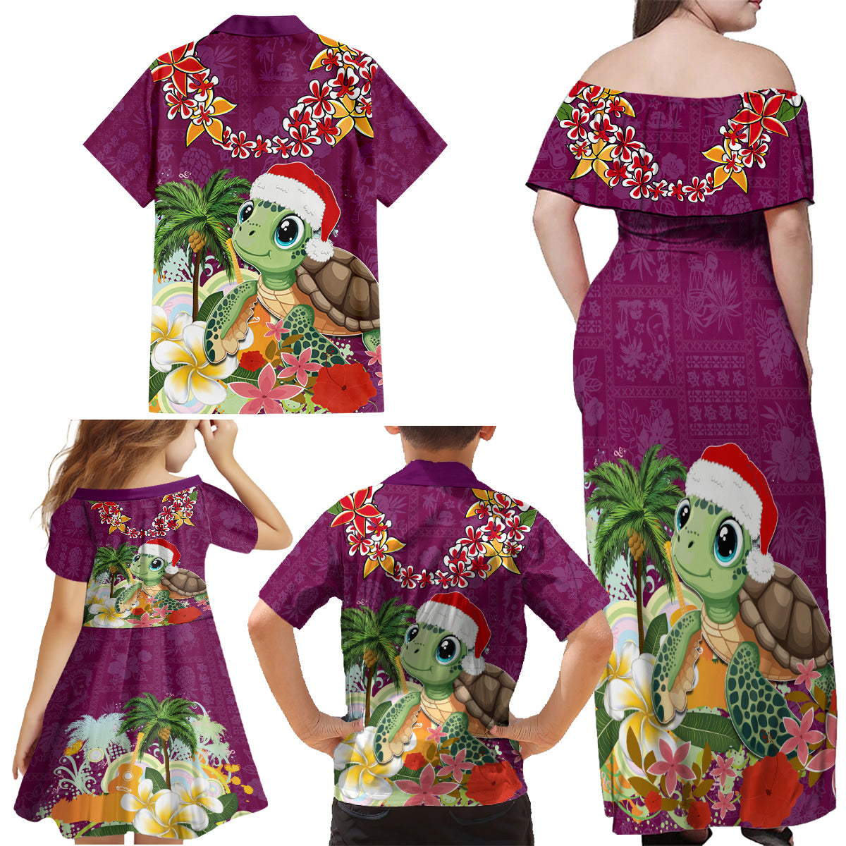 Hawaii Honu Mele Kalikimaka Family Matching Off Shoulder Maxi Dress and Hawaiian Shirt Santa Tropical Flower Aloha Summer Pink Version LT03 - Polynesian Pride