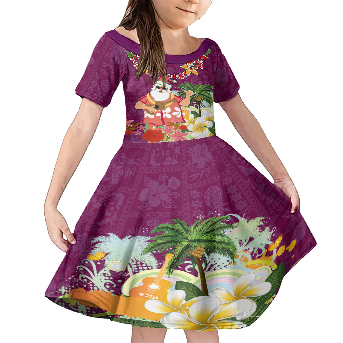 Hawaii Honu Mele Kalikimaka Kid Short Sleeve Dress Santa Tropical Flower Aloha Summer Pink Version LT03 KID Pink - Polynesian Pride