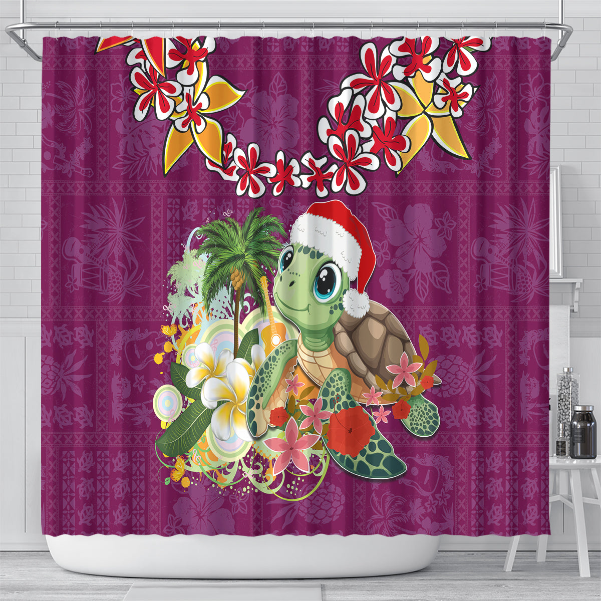 Hawaii Honu Mele Kalikimaka Shower Curtain Santa Tropical Flower Aloha Summer Pink Version LT03 - Polynesian Pride