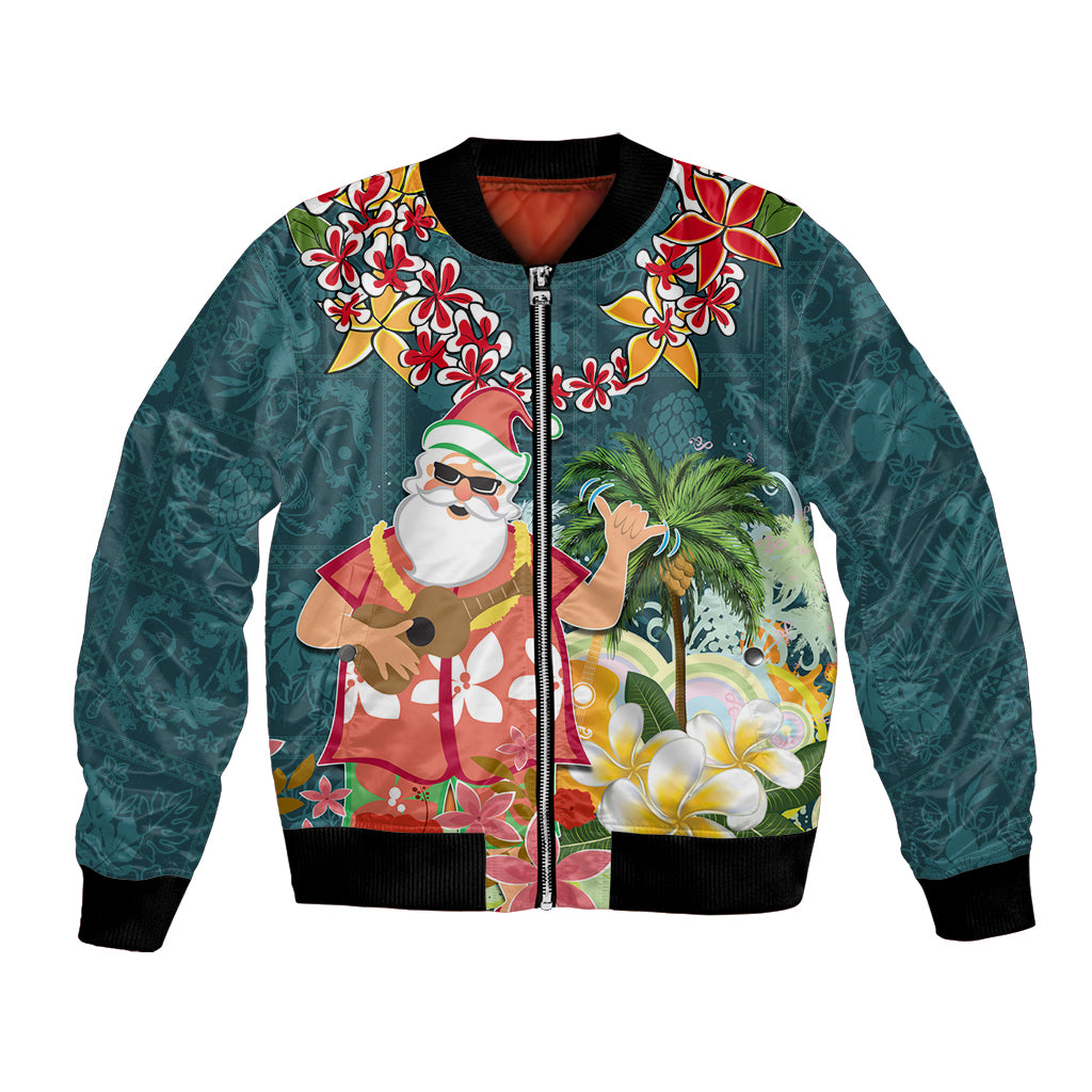 Hawaii Honu Mele Kalikimaka Bomber Jacket Santa Tropical Flower Aloha Summer Turquoise Version LT03 Unisex Turquoise - Polynesian Pride
