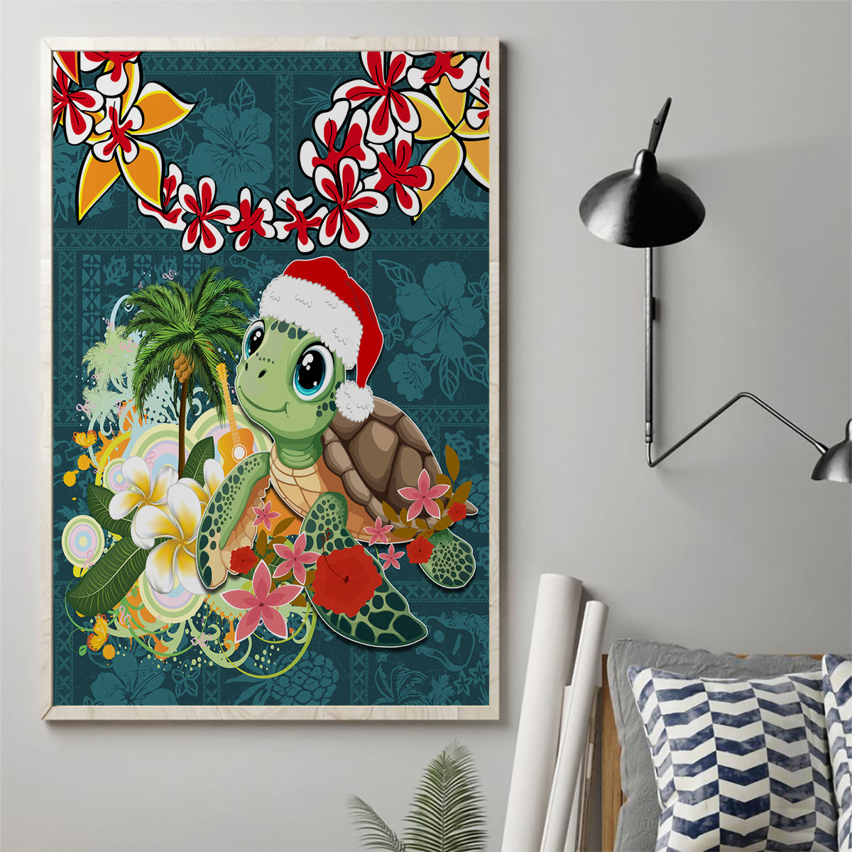 Hawaii Honu Mele Kalikimaka Canvas Wall Art Santa Tropical Flower Aloha Summer Turquoise Version LT03 - Polynesian Pride