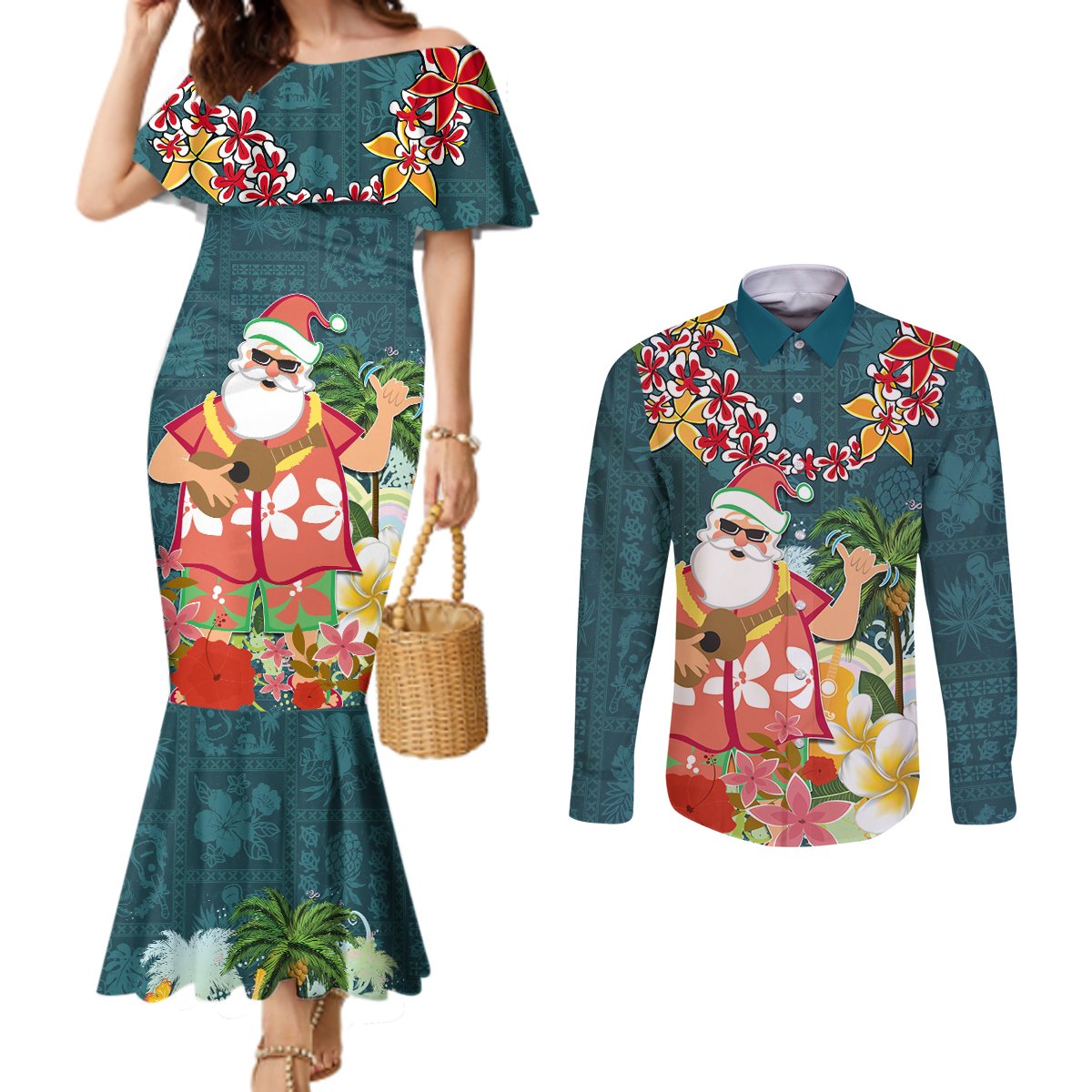 Hawaii Honu Mele Kalikimaka Couples Matching Mermaid Dress and Long Sleeve Button Shirt Santa Tropical Flower Aloha Summer Turquoise Version LT03 Turquoise - Polynesian Pride