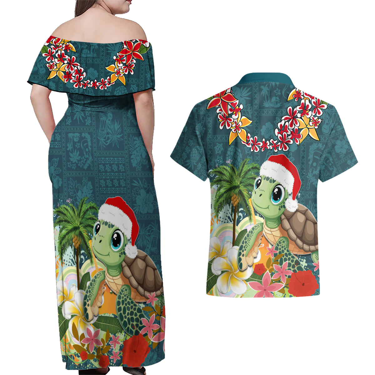 Hawaii Honu Mele Kalikimaka Couples Matching Off Shoulder Maxi Dress and Hawaiian Shirt Santa Tropical Flower Aloha Summer Turquoise Version LT03 - Polynesian Pride