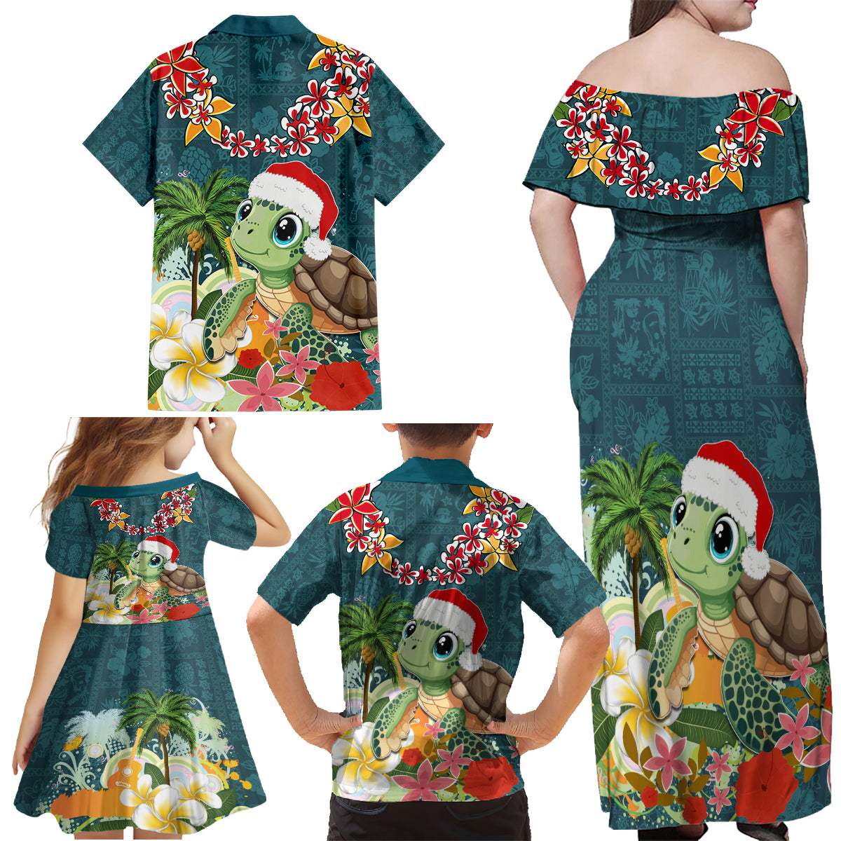 Hawaii Honu Mele Kalikimaka Family Matching Off Shoulder Maxi Dress and Hawaiian Shirt Santa Tropical Flower Aloha Summer Turquoise Version LT03 - Polynesian Pride