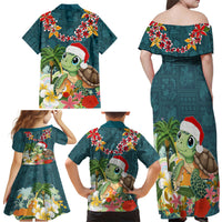 Hawaii Honu Mele Kalikimaka Family Matching Off Shoulder Maxi Dress and Hawaiian Shirt Santa Tropical Flower Aloha Summer Turquoise Version LT03 - Polynesian Pride