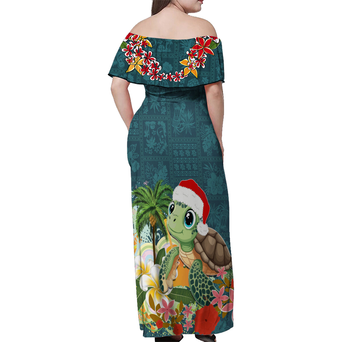 Hawaii Honu Mele Kalikimaka Family Matching Off Shoulder Maxi Dress and Hawaiian Shirt Santa Tropical Flower Aloha Summer Turquoise Version LT03 - Polynesian Pride