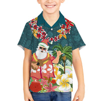 Hawaii Honu Mele Kalikimaka Family Matching Tank Maxi Dress and Hawaiian Shirt Santa Tropical Flower Aloha Summer Turquoise Version LT03 Son's Shirt Turquoise - Polynesian Pride