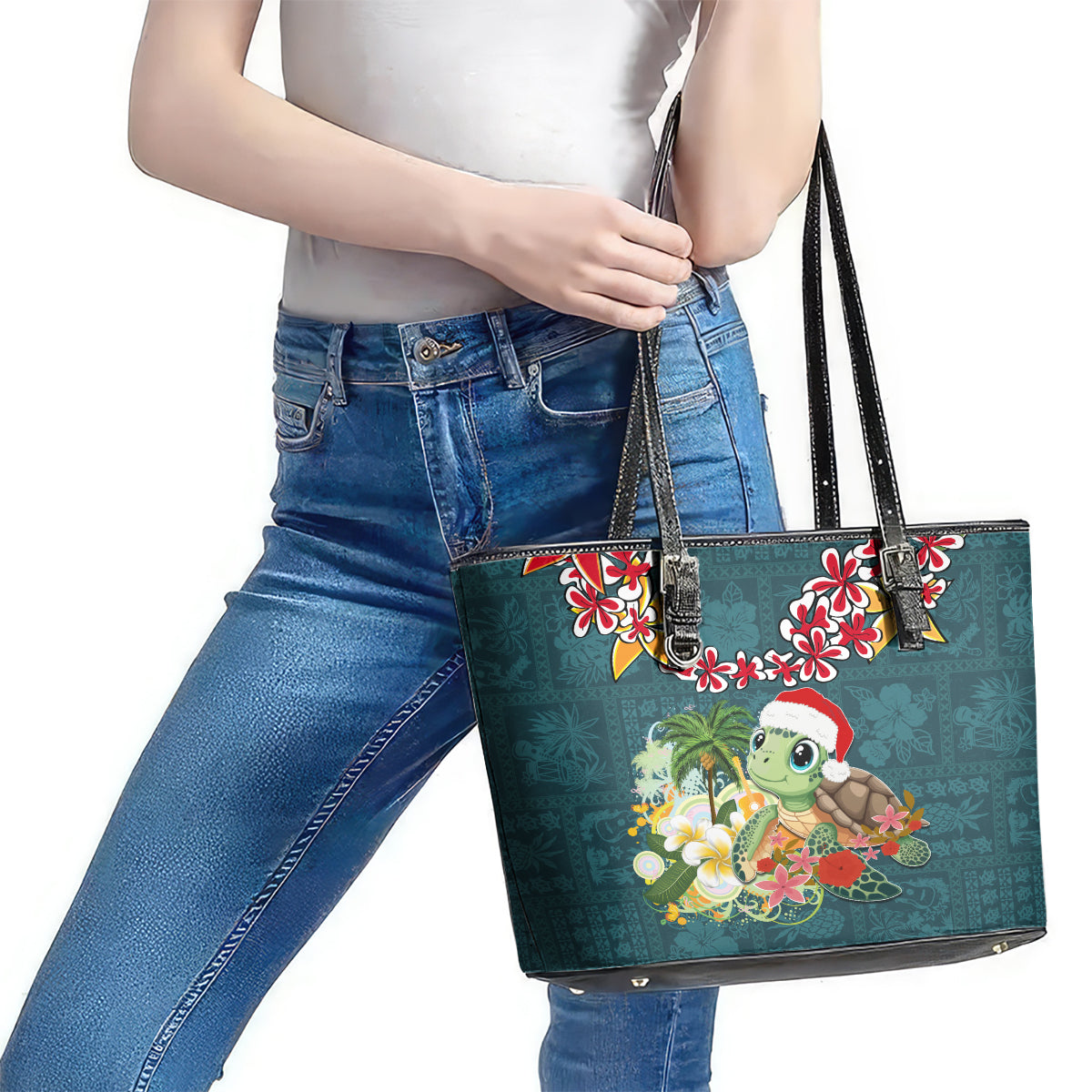 Hawaii Honu Mele Kalikimaka Leather Tote Bag Santa Tropical Flower Aloha Summer Turquoise Version LT03 - Polynesian Pride