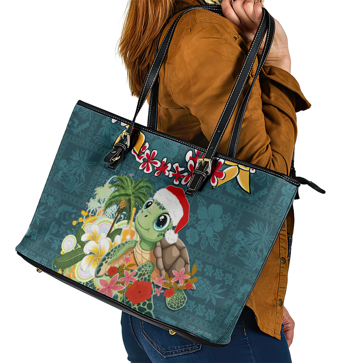 Hawaii Honu Mele Kalikimaka Leather Tote Bag Santa Tropical Flower Aloha Summer Turquoise Version LT03 - Polynesian Pride