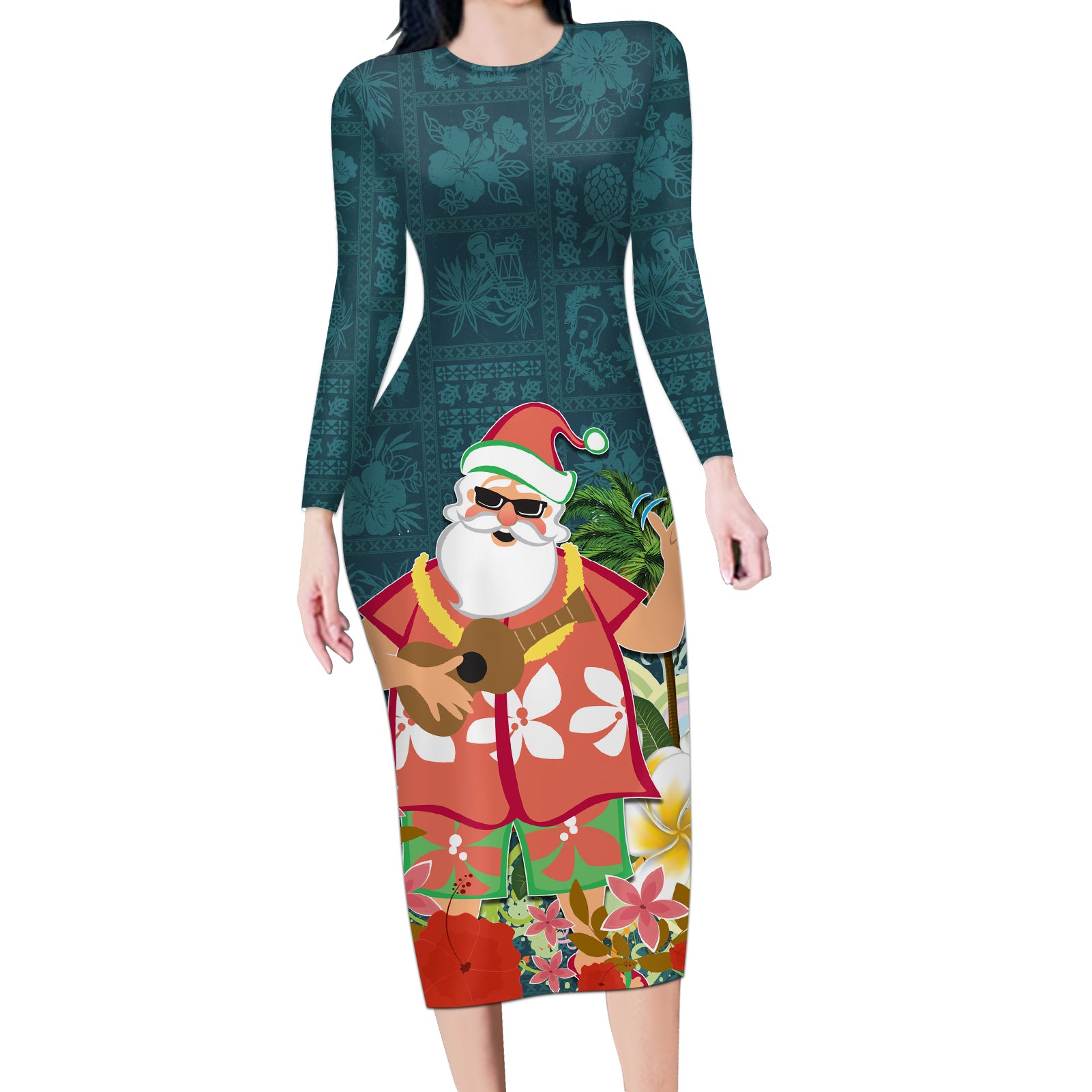Hawaii Honu Mele Kalikimaka Long Sleeve Bodycon Dress Santa Tropical Flower Aloha Summer Turquoise Version LT03 Long Dress Turquoise - Polynesian Pride