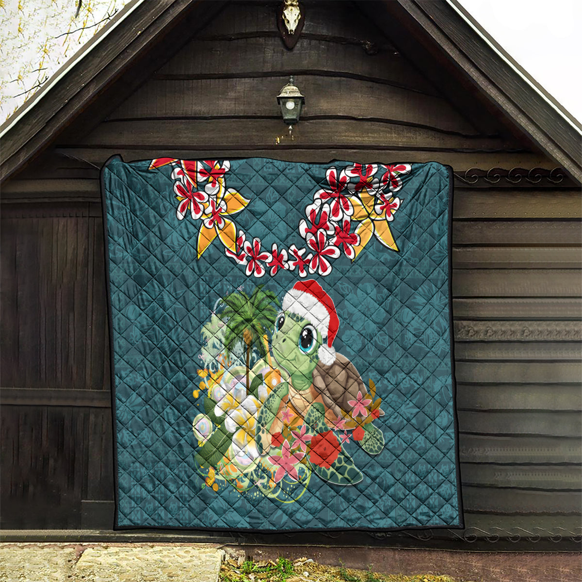 Hawaii Honu Mele Kalikimaka Quilt Santa Tropical Flower Aloha Summer Turquoise Version LT03 - Polynesian Pride