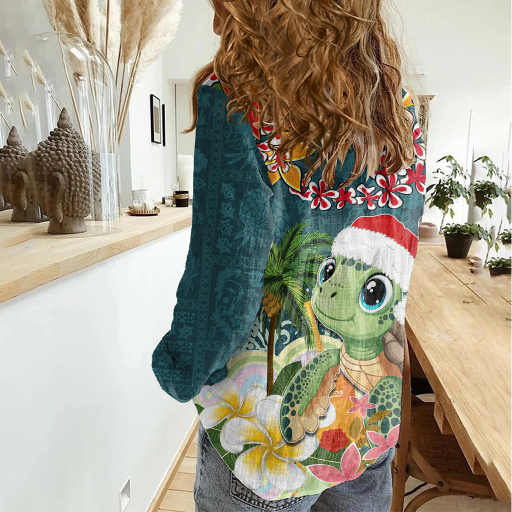 Hawaii Honu Mele Kalikimaka Women Casual Shirt Santa Tropical Flower Aloha Summer Turquoise Version LT03 - Polynesian Pride