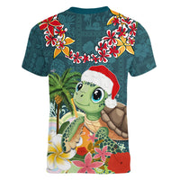 Hawaii Honu Mele Kalikimaka Women V Neck T Shirt Santa Tropical Flower Aloha Summer Turquoise Version LT03 - Polynesian Pride
