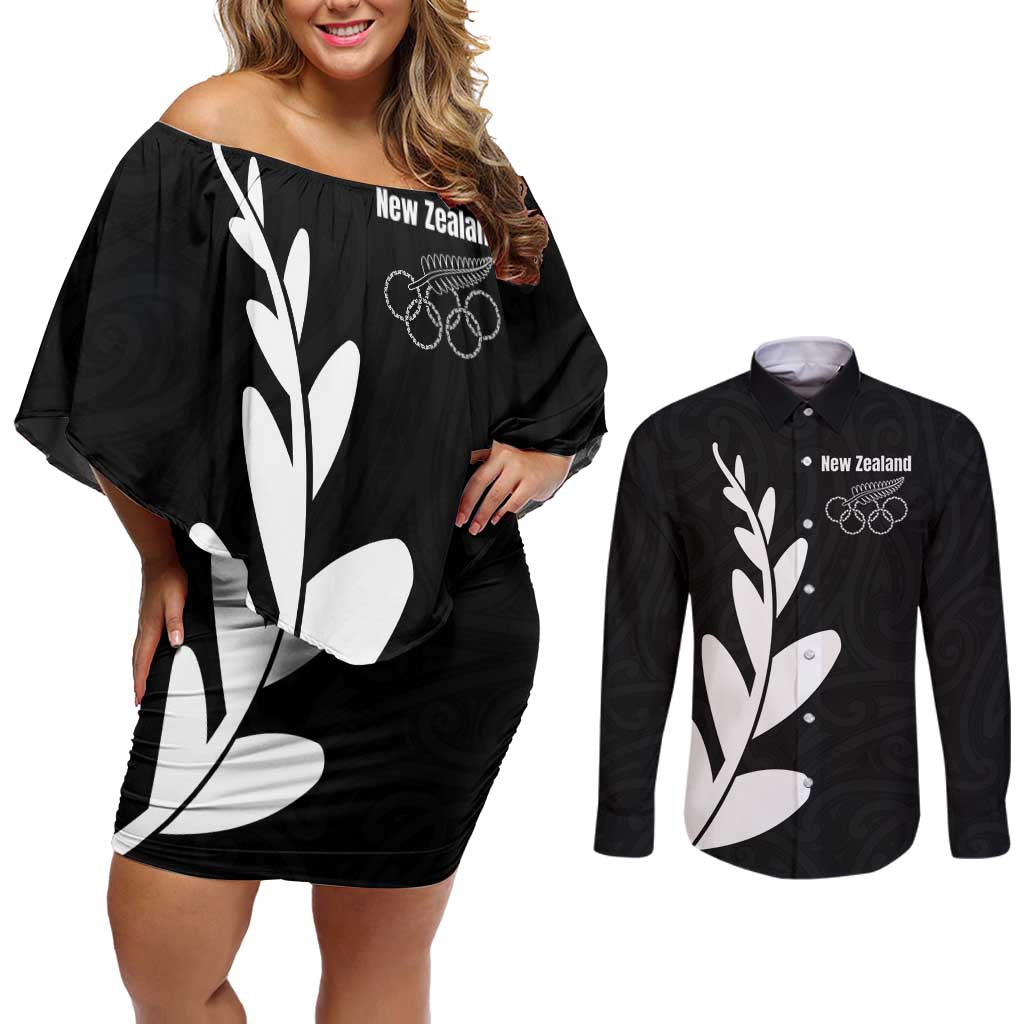 Personalised New Zealand Canoeing Special Jersey Couples Matching Off Shoulder Short Dress and Long Sleeve Button Shirt LT03 Black - Polynesian Pride