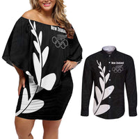 Personalised New Zealand Canoeing Special Jersey Couples Matching Off Shoulder Short Dress and Long Sleeve Button Shirt LT03 Black - Polynesian Pride