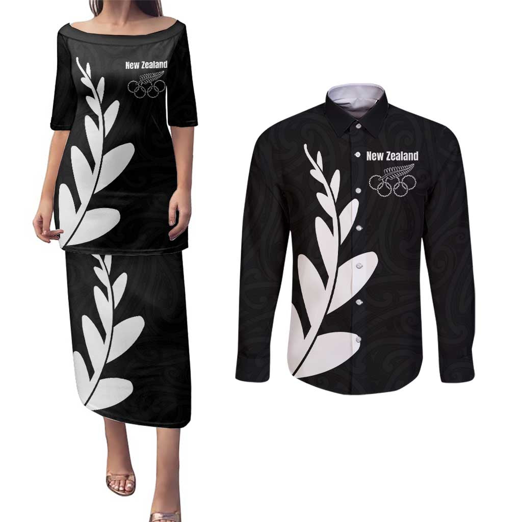 Personalised New Zealand Canoeing Special Jersey Couples Matching Puletasi and Long Sleeve Button Shirt LT03 Black - Polynesian Pride