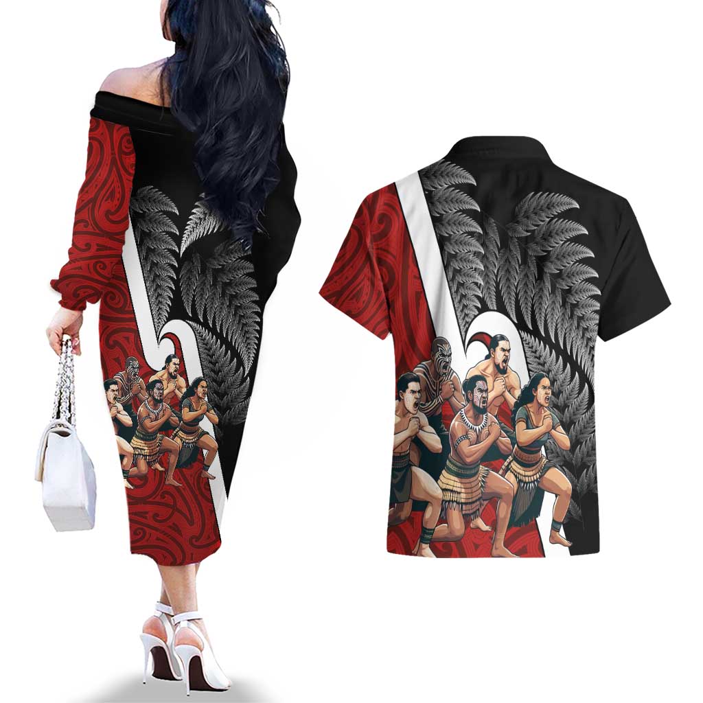 New Zealand Te Matatini Couples Matching Off The Shoulder Long Sleeve Dress and Hawaiian Shirt Kapa Haka and Silver Fern - Maori Art Pattern