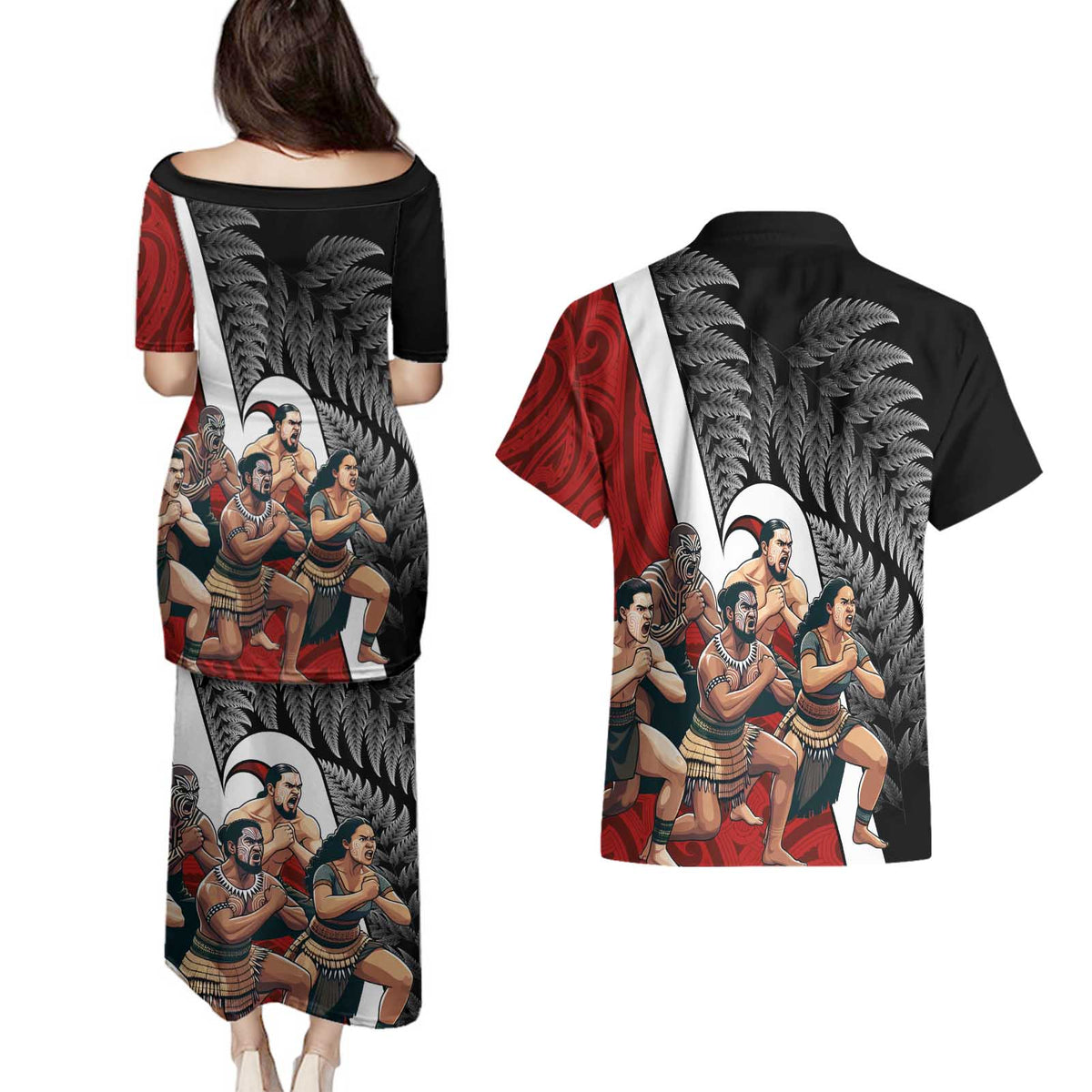 New Zealand Te Matatini Couples Matching Puletasi and Hawaiian Shirt Kapa Haka and Silver Fern - Maori Art Pattern