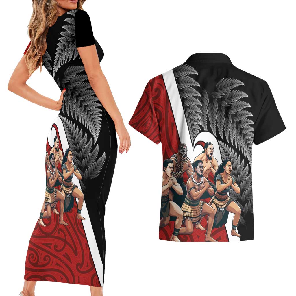 New Zealand Te Matatini Couples Matching Short Sleeve Bodycon Dress and Hawaiian Shirt Kapa Haka and Silver Fern - Maori Art Pattern