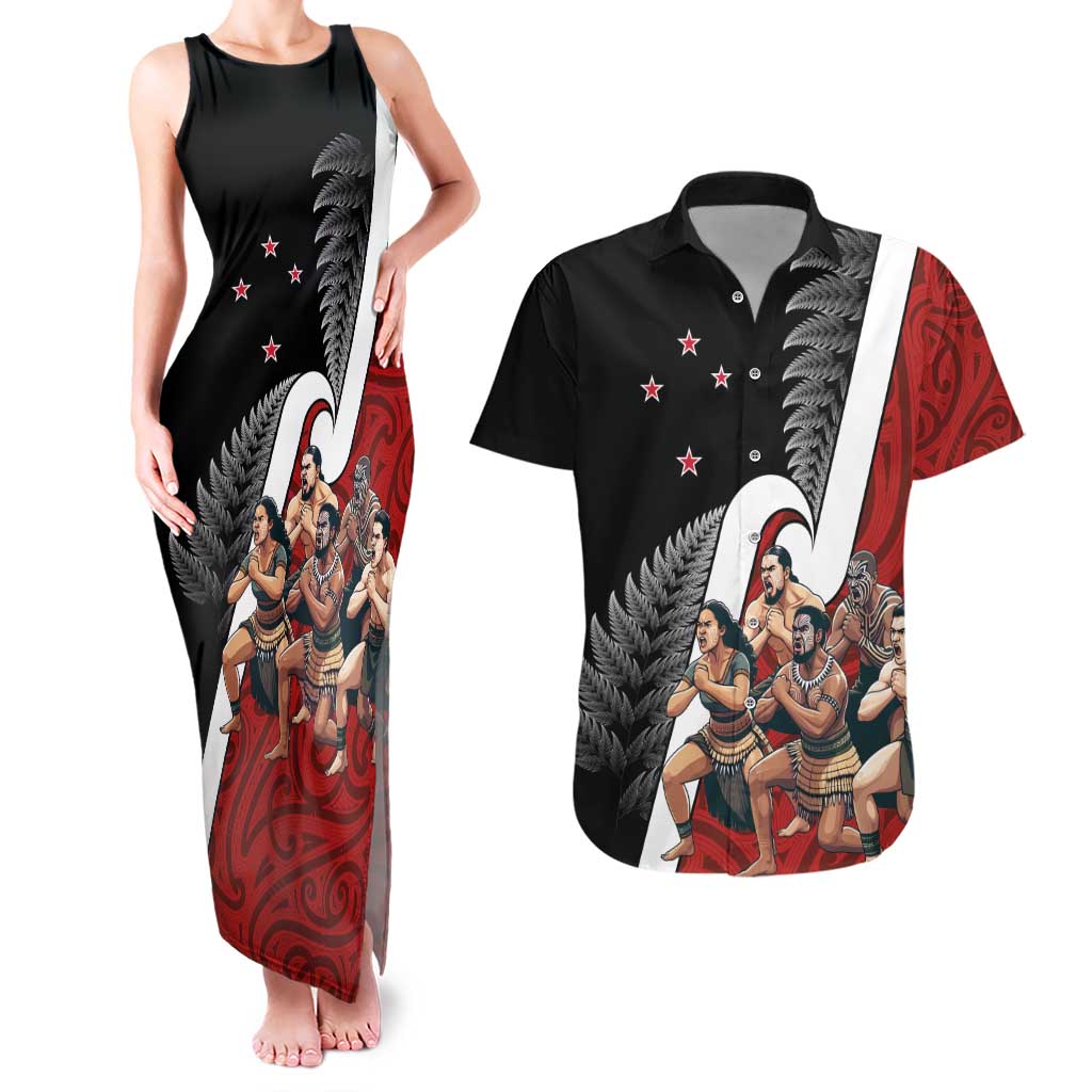 New Zealand Te Matatini Couples Matching Tank Maxi Dress and Hawaiian Shirt Kapa Haka and Silver Fern - Maori Art Pattern