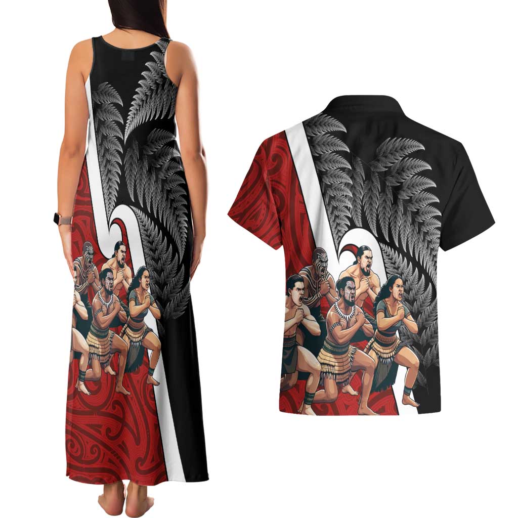 New Zealand Te Matatini Couples Matching Tank Maxi Dress and Hawaiian Shirt Kapa Haka and Silver Fern - Maori Art Pattern