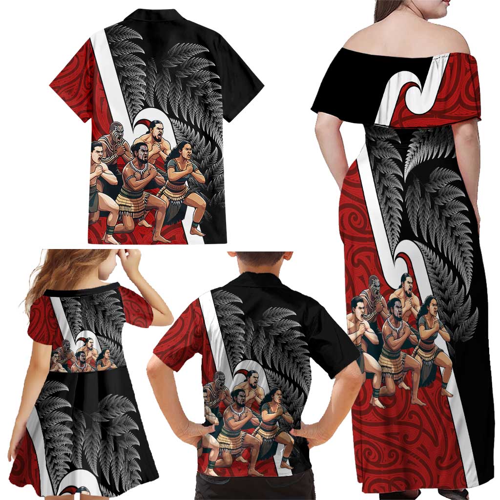 New Zealand Te Matatini Family Matching Off Shoulder Maxi Dress and Hawaiian Shirt Kapa Haka and Silver Fern - Maori Art Pattern