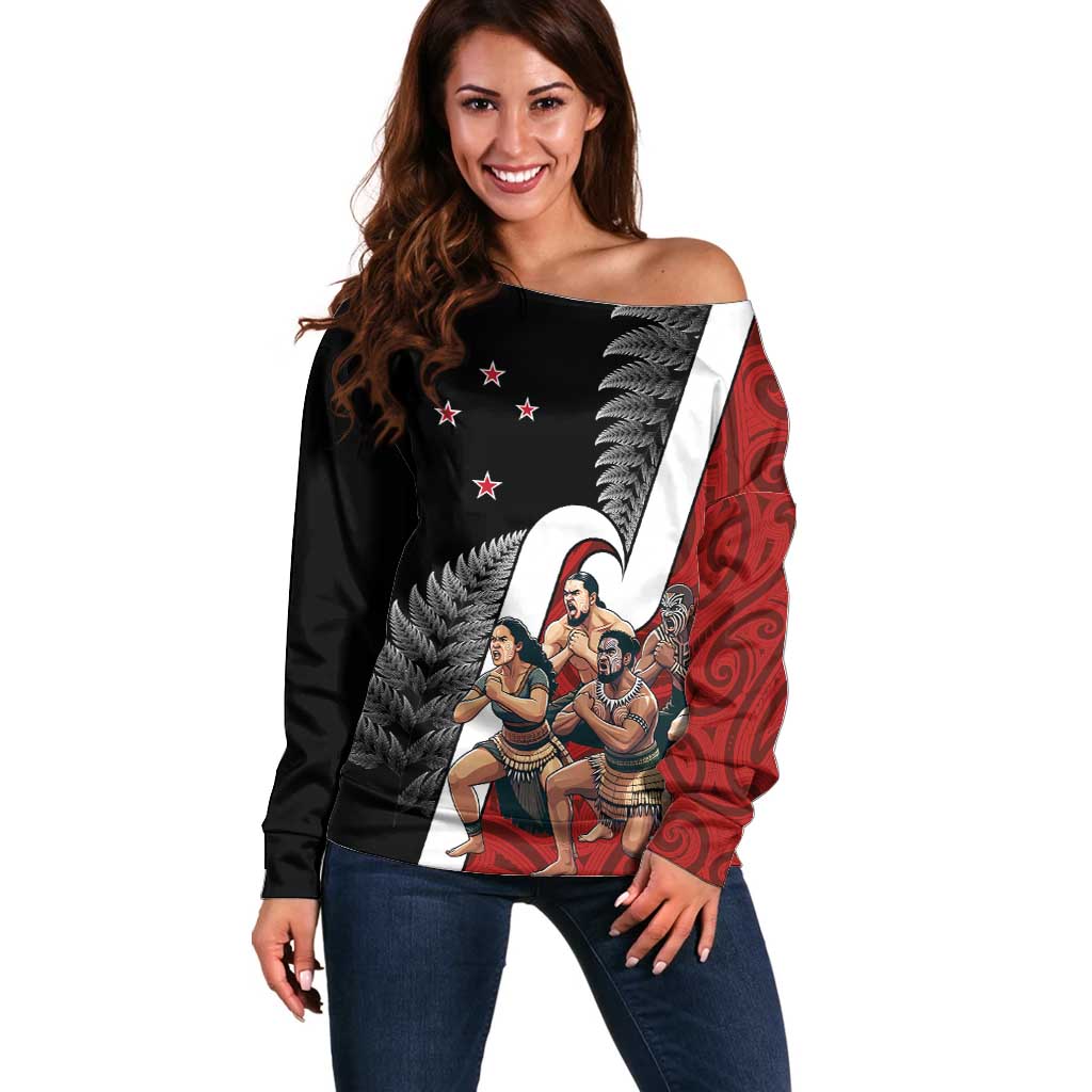 New Zealand Te Matatini Off Shoulder Sweater Kapa Haka and Silver Fern - Maori Art Pattern