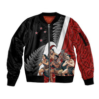 New Zealand Te Matatini Sleeve Zip Bomber Jacket Kapa Haka and Silver Fern - Maori Art Pattern