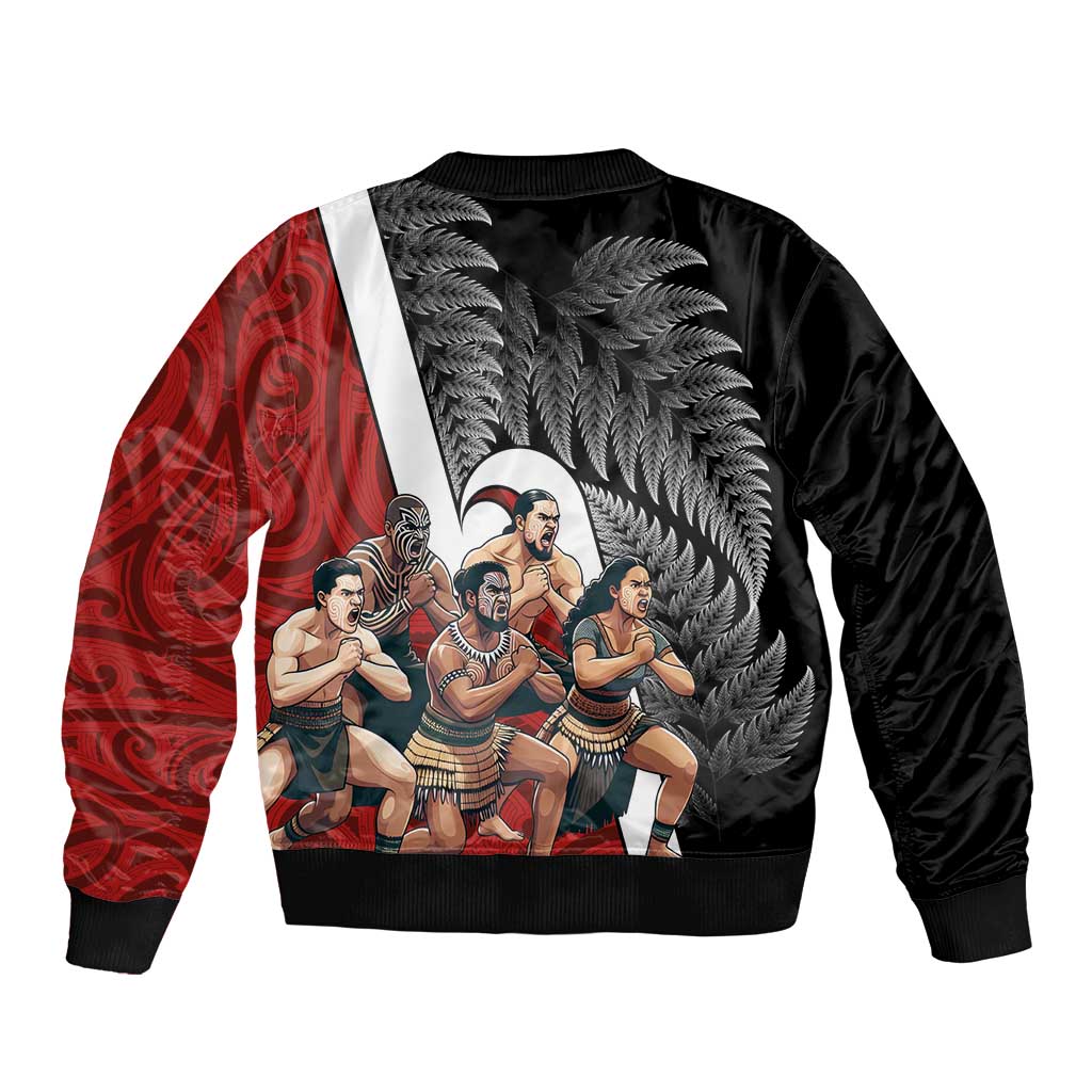 New Zealand Te Matatini Sleeve Zip Bomber Jacket Kapa Haka and Silver Fern - Maori Art Pattern