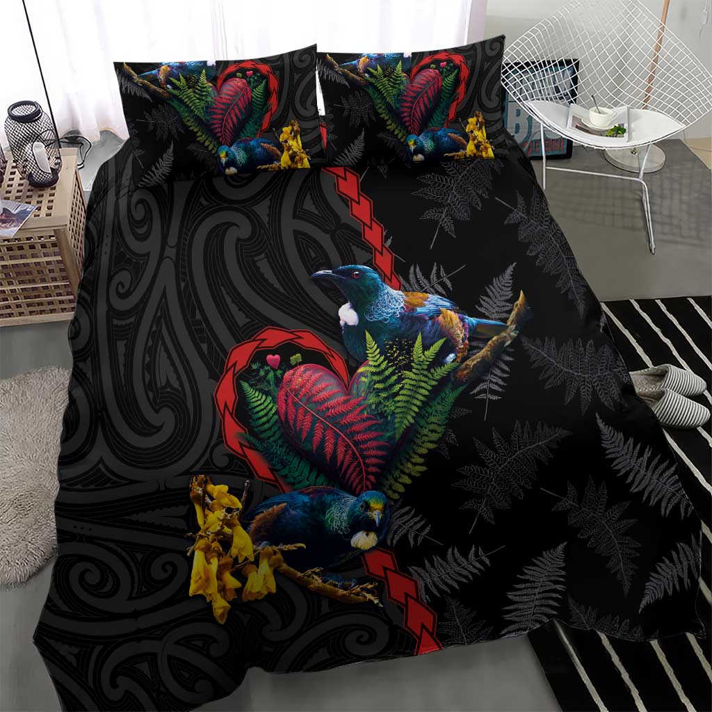 New Zealand Tui Birds Love Couple Bedding Set The Heart of Silver Fern Leaves and Maori Tattoo Pattern