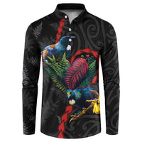 New Zealand Tui Birds Love Couple Button Sweatshirt The Heart of Silver Fern Leaves and Maori Tattoo Pattern