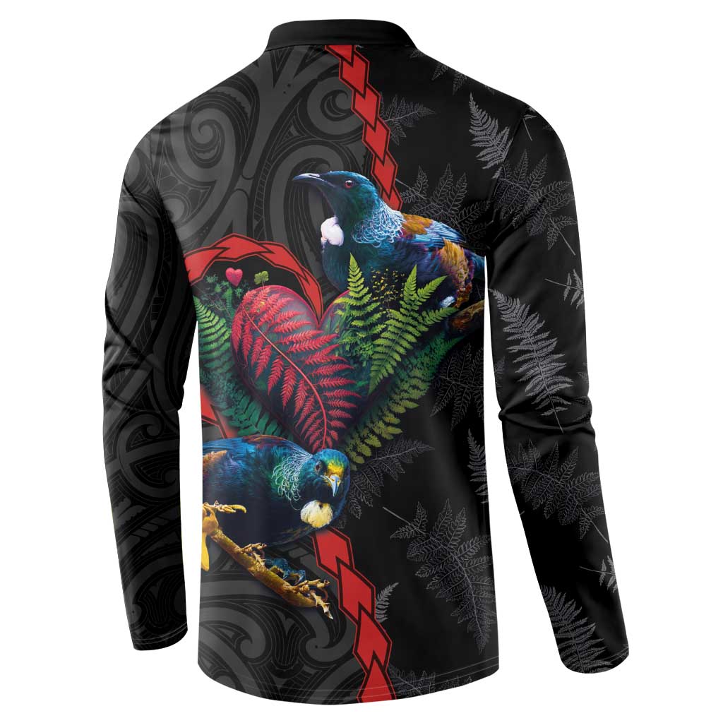 New Zealand Tui Birds Love Couple Button Sweatshirt The Heart of Silver Fern Leaves and Maori Tattoo Pattern