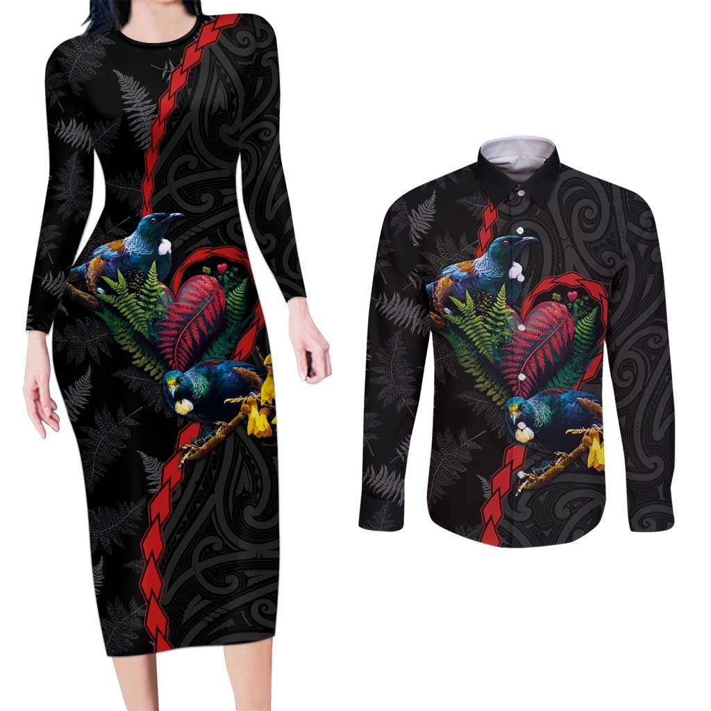 New Zealand Tui Birds Love Couple Couples Matching Long Sleeve Bodycon Dress and Long Sleeve Button Shirt The Heart of Silver Fern Leaves and Maori Tattoo Pattern LT03 Black - Polynesian Pride