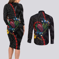 New Zealand Tui Birds Love Couple Couples Matching Long Sleeve Bodycon Dress and Long Sleeve Button Shirt The Heart of Silver Fern Leaves and Maori Tattoo Pattern LT03 - Polynesian Pride