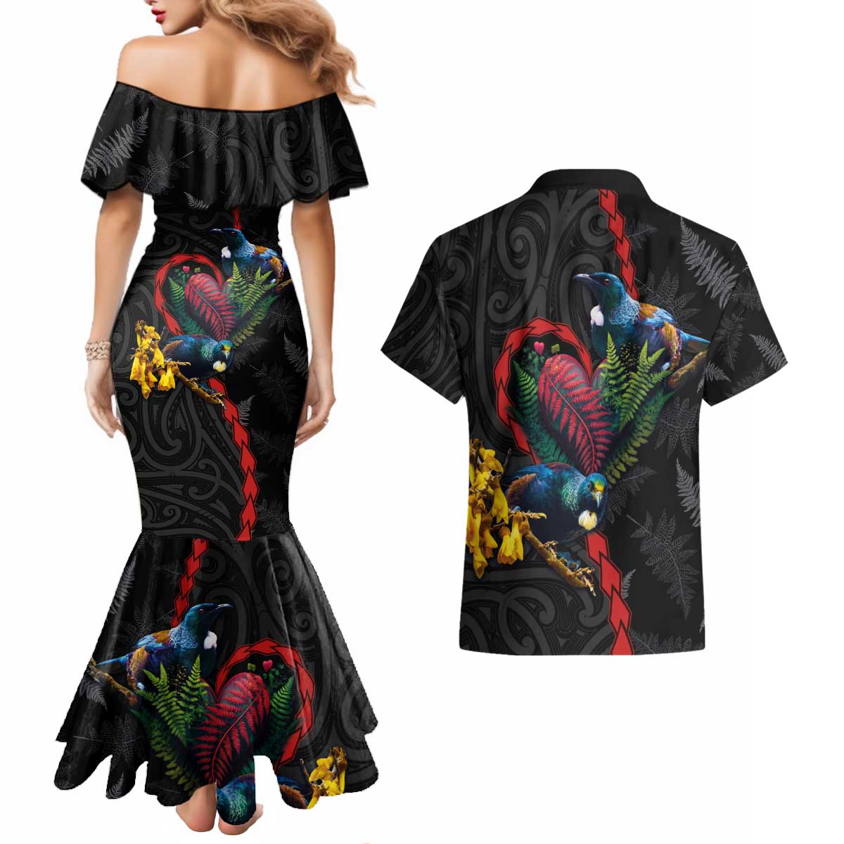 New Zealand Tui Birds Love Couple Couples Matching Mermaid Dress and Hawaiian Shirt The Heart of Silver Fern Leaves and Maori Tattoo Pattern