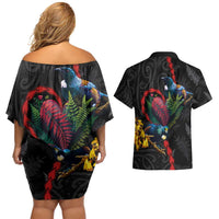 New Zealand Tui Birds Love Couple Couples Matching Off Shoulder Short Dress and Hawaiian Shirt The Heart of Silver Fern Leaves and Maori Tattoo Pattern