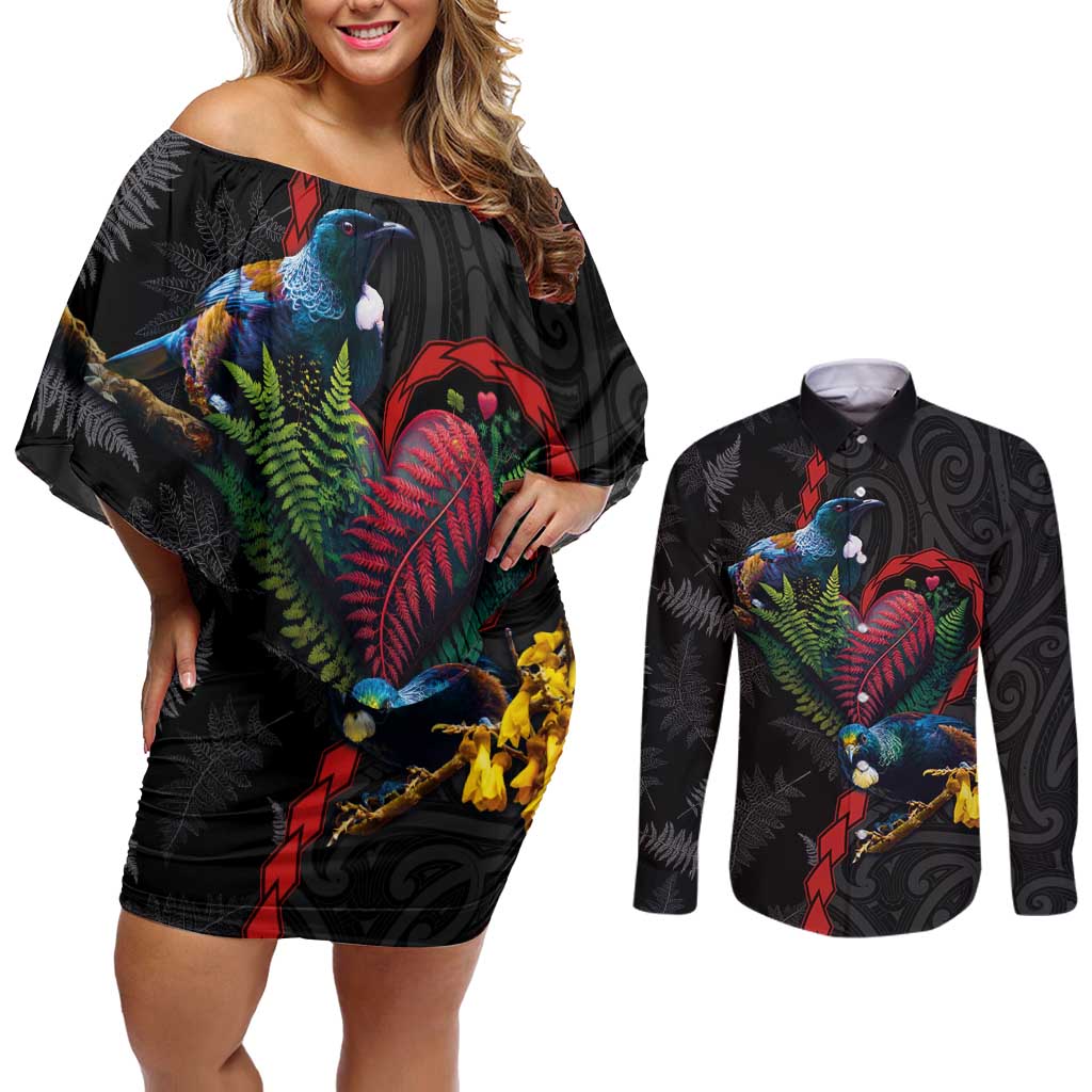 New Zealand Tui Birds Love Couple Couples Matching Off Shoulder Short Dress and Long Sleeve Button Shirt The Heart of Silver Fern Leaves and Maori Tattoo Pattern LT03 Black - Polynesian Pride