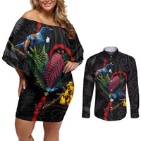 New Zealand Tui Birds Love Couple Couples Matching Off Shoulder Short Dress and Long Sleeve Button Shirt The Heart of Silver Fern Leaves and Maori Tattoo Pattern LT03 Black - Polynesian Pride