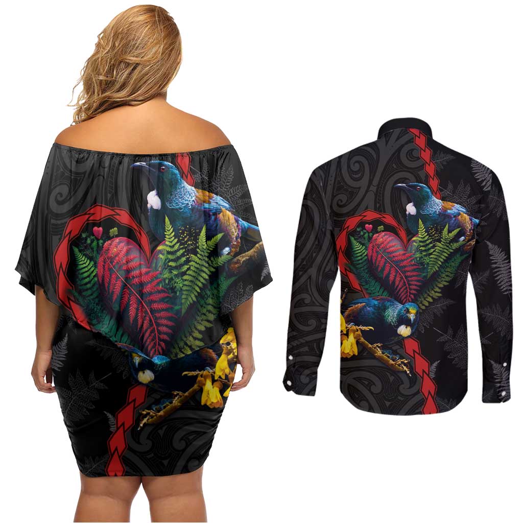 New Zealand Tui Birds Love Couple Couples Matching Off Shoulder Short Dress and Long Sleeve Button Shirt The Heart of Silver Fern Leaves and Maori Tattoo Pattern LT03 - Polynesian Pride