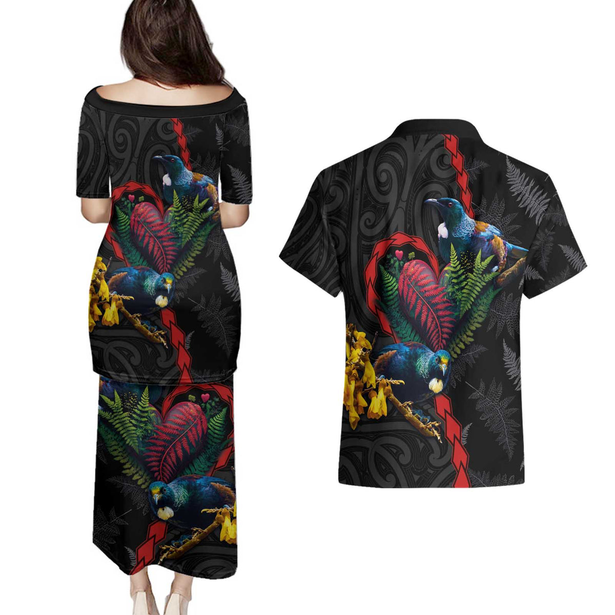 New Zealand Tui Birds Love Couple Couples Matching Puletasi and Hawaiian Shirt The Heart of Silver Fern Leaves and Maori Tattoo Pattern