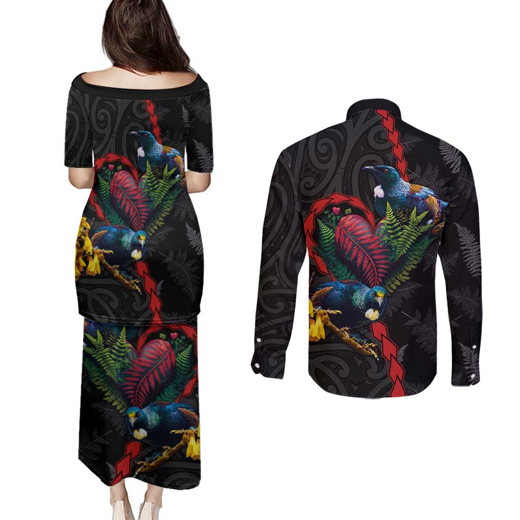 New Zealand Tui Birds Love Couple Couples Matching Puletasi and Long Sleeve Button Shirt The Heart of Silver Fern Leaves and Maori Tattoo Pattern