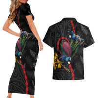 New Zealand Tui Birds Love Couple Couples Matching Short Sleeve Bodycon Dress and Hawaiian Shirt The Heart of Silver Fern Leaves and Maori Tattoo Pattern