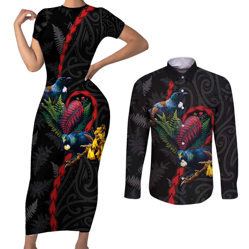 New Zealand Tui Birds Love Couple Couples Matching Short Sleeve Bodycon Dress and Long Sleeve Button Shirt The Heart of Silver Fern Leaves and Maori Tattoo Pattern LT03 Black - Polynesian Pride