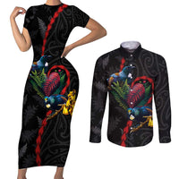 New Zealand Tui Birds Love Couple Couples Matching Short Sleeve Bodycon Dress and Long Sleeve Button Shirt The Heart of Silver Fern Leaves and Maori Tattoo Pattern LT03 Black - Polynesian Pride
